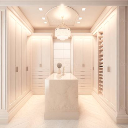 Beige Finish U-Shaped Luxury Walk-In Closet with Lights and Quartz Island | Exotic Closets