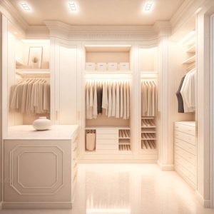 Beige Finish U-Shaped Luxury Walk-In Closet with Lights and Quartz Island 1 | Exotic Closets