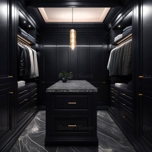 Black Finish U-Shaped Luxury Walk-In Closet with Lights and Quartz Island 1 | Exotic Closets