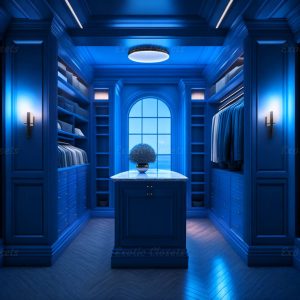 Blue Finish U-Shaped Luxury Walk-In Closet with Lights and Quartz Island 1 | Exotic Closets