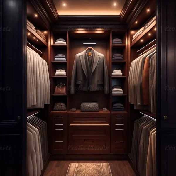 Brown Finish U-Shaped Luxury Walk-In Closet with Lights and Quartz Island 1 - Exotic Closets
