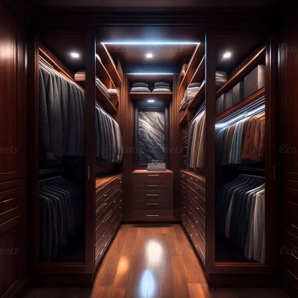 Brown Finish U-Shaped Luxury Walk-In Closet with Lights and Quartz Island 11 - Exotic Closets