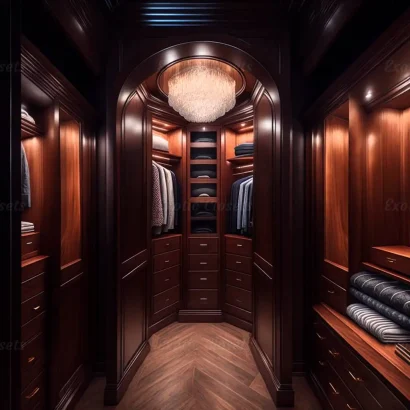 Brown Finish U-Shaped Luxury Walk-In Closet with Lights and Quartz Island 12 - Exotic Closets