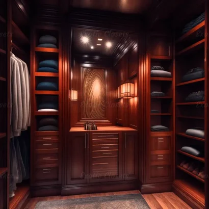 Brown Finish U-Shaped Luxury Walk-In Closet with Lights and Quartz Island 13 - Exotic Closets