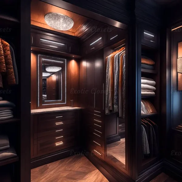 Brown Finish U-Shaped Luxury Walk-In Closet with Lights and Quartz Island 14 - Exotic Closets