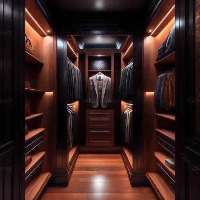 Brown Finish U-Shaped Luxury Walk-In Closet with Lights and Quartz Island 15 - Exotic Closets