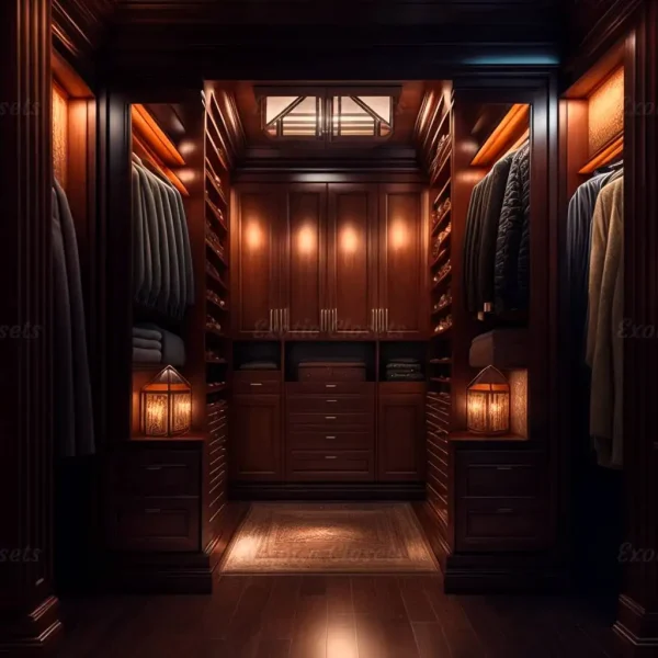 Brown Finish U-Shaped Luxury Walk-In Closet with Lights and Quartz Island 16 - Exotic Closets