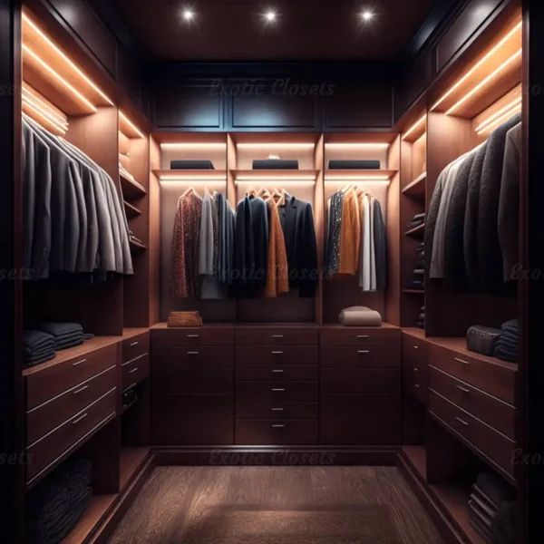 Brown Finish U-Shaped Luxury Walk-In Closet with Lights and Quartz Island 17 - Exotic Closets