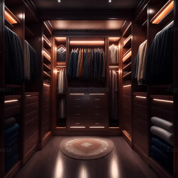 Brown Finish U-Shaped Luxury Walk-In Closet with Lights and Quartz Island 18 - Exotic Closets