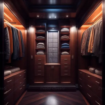 Brown Finish U-Shaped Luxury Walk-In Closet with Lights and Quartz Island 19 - Exotic Closets