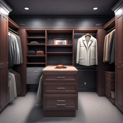 Brown Finish U-Shaped Luxury Walk-In Closet with Lights and Quartz Island 2 - Exotic Closets