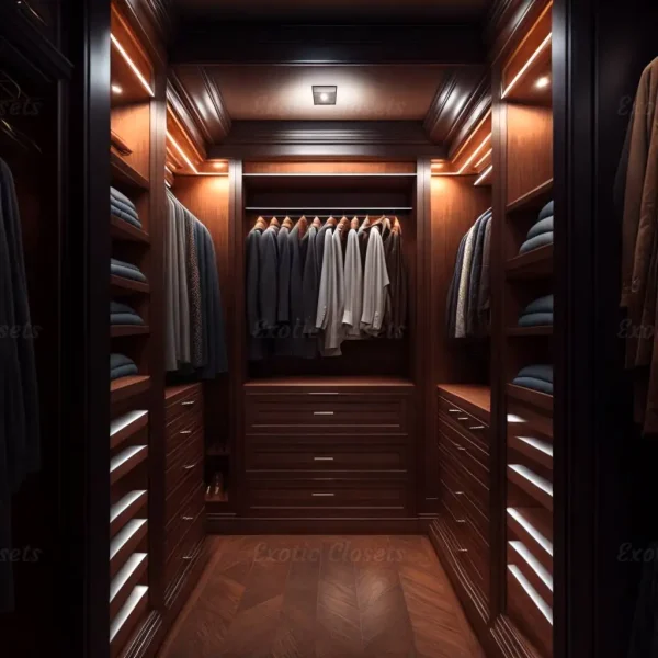 Brown Finish U-Shaped Luxury Walk-In Closet with Lights and Quartz Island 20 - Exotic Closets