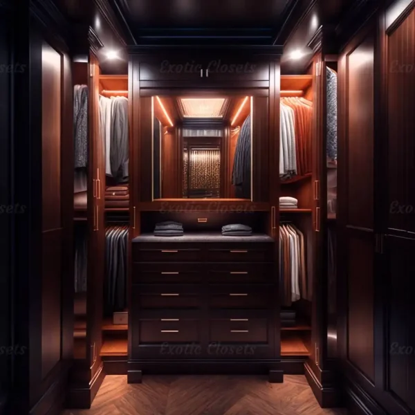 Brown Finish U-Shaped Luxury Walk-In Closet with Lights and Quartz Island 21 - Exotic Closets