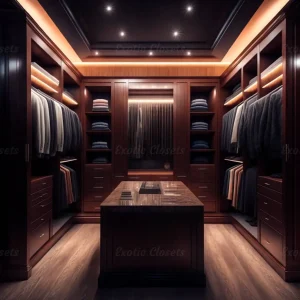 Brown Finish U-Shaped Luxury Walk-In Closet with Lights and Quartz Island Main - Exotic Closets