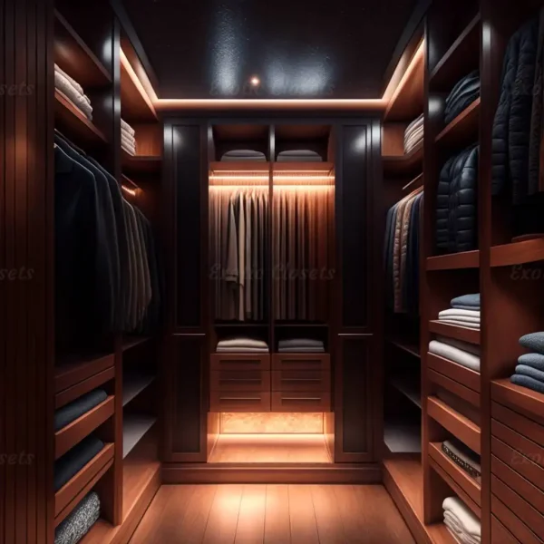 Brown Finish U-Shaped Luxury Walk-In Closet with Lights and Quartz Island 23 - Exotic Closets