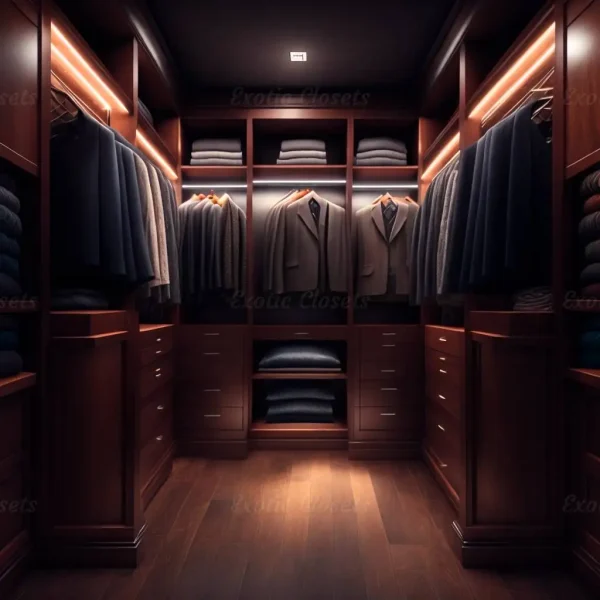 Brown Finish U-Shaped Luxury Walk-In Closet with Lights and Quartz Island 24 - Exotic Closets