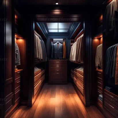 Brown Finish U-Shaped Luxury Walk-In Closet with Lights and Quartz Island 25 - Exotic Closets