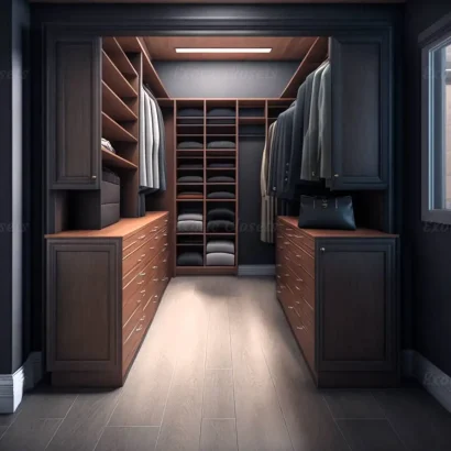 Brown Finish U-Shaped Luxury Walk-In Closet with Lights and Quartz Island 3 - Exotic Closets