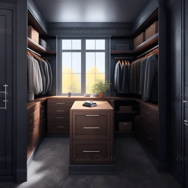 Brown Finish U-Shaped Luxury Walk-In Closet with Lights and Quartz Island 4 - Exotic Closets