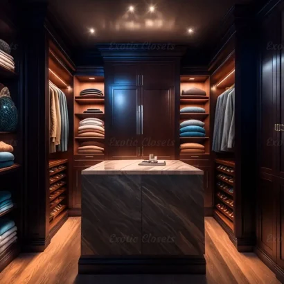 Brown Finish U-Shaped Luxury Walk-In Closet with Lights and Quartz Island 5 - Exotic Closets