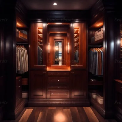 Brown Finish U-Shaped Luxury Walk-In Closet with Lights and Quartz Island 6 - Exotic Closets