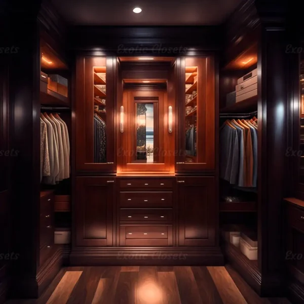 Brown Finish U-Shaped Luxury Walk-In Closet with Lights and Quartz Island 6 - Exotic Closets