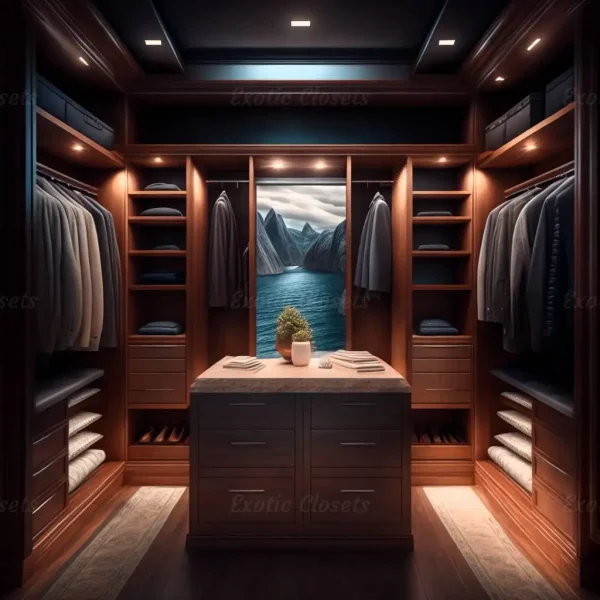 Brown Finish U-Shaped Luxury Walk-In Closet with Lights and Quartz Island 7 - Exotic Closets