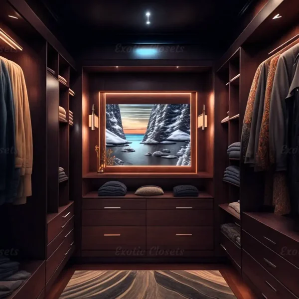 Brown Finish U-Shaped Luxury Walk-In Closet with Lights and Quartz Island 8 - Exotic Closets