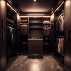 Dark Beige Finish U-Shaped Luxury Walk-In Closet with Lights and Quartz Island 1 | Exotic Closets