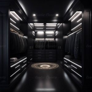 Dark Black Finish U-Shaped Luxury Walk-In Closet with Lights and Quartz Island 1 | Exotic Closets