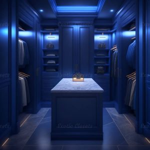 Dark Blue Finish U-Shaped Luxury Walk-In Closet with Lights and Quartz Island 1 | Exotic Closets