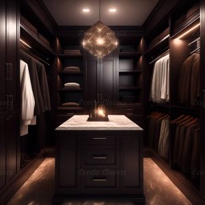 Dark Brown Finish U-Shaped Luxury Walk-In Closet with Lights and Quartz Island | Exotic Closets
