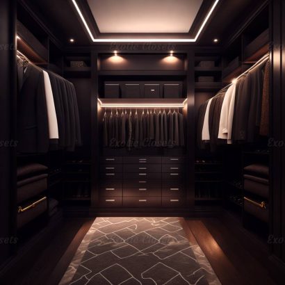 Dark Brown Finish U-Shaped Luxury Walk-In Closet with Lights and Quartz Island 1 | Exotic Closets