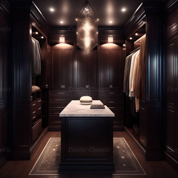 Dark Brown Finish U-Shaped Luxury Walk-In Closet with Lights and Quartz Island 3 | Exotic Closets