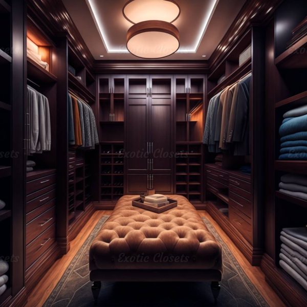 Dark Brown Finish U-Shaped Luxury Walk-In Closet with Lights and Quartz Island 5 | Exotic Closets