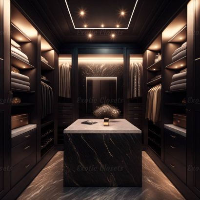 Dark Champagne Finish U-Shaped Luxury Walk-In Closet with Lights and Quartz Island | Exotic Closets