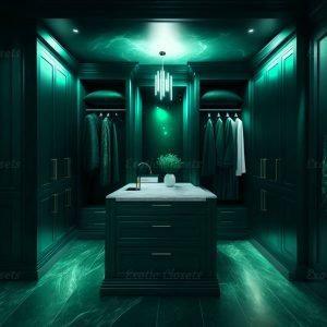 Dark Emerald Finish U-Shaped Luxury Walk-In Closet with Lights and Quartz Island | Exotic Closets