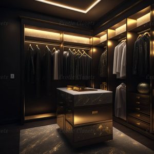 Dark Gold Finish U-Shaped Luxury Walk-In Closet with Lights and Quartz Island 1 | Exotic Closets