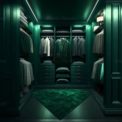 Dark Green Finish U-Shaped Luxury Walk-In Closet with Lights and Quartz Island | Exotic Closets