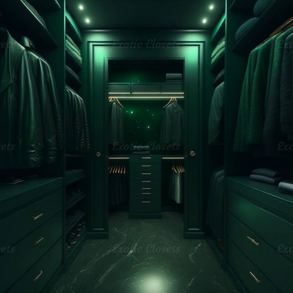 Dark Green Finish U-Shaped Luxury Walk-In Closet with Lights and Quartz Island 2 | Exotic Closets
