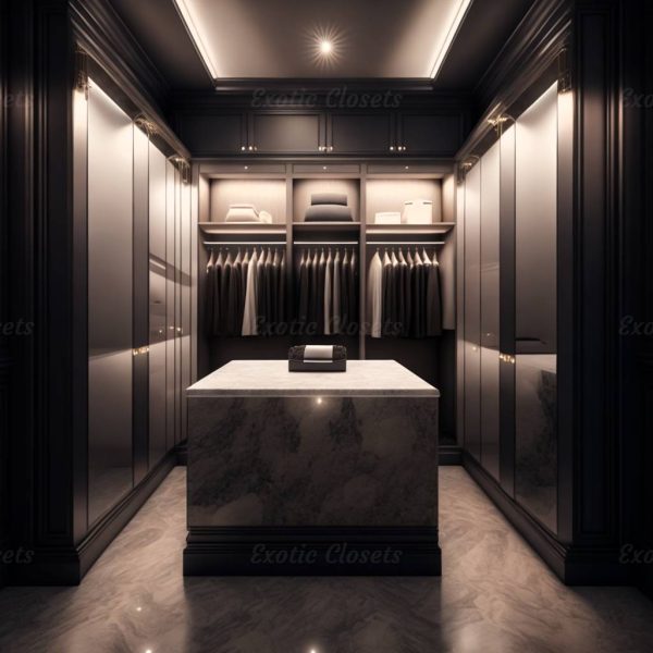 Dark Ivory Finish U-Shaped Luxury Walk-In Closet with Lights and Quartz Island | Exotic Closets