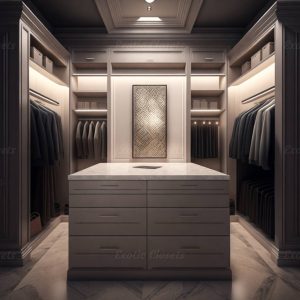 Dark Ivory Finish U-Shaped Luxury Walk-In Closet with Lights and Quartz Island 1 | Exotic Closets