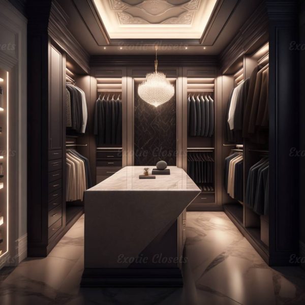 Dark Ivory Finish U-Shaped Luxury Walk-In Closet with Lights and Quartz Island 2 | Exotic Closets