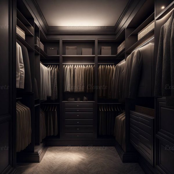 Dark Ivory Finish U-Shaped Luxury Walk-In Closet with Lights and Quartz Island 3 | Exotic Closets