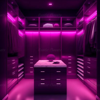 Dark Magenta Finish U-Shaped Luxury Walk-In Closet with Lights and Quartz Island | Exotic Closets