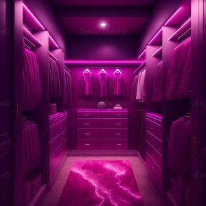 Dark Magenta Finish U-Shaped Luxury Walk-In Closet with Lights and Quartz Island 2 | Exotic Closets