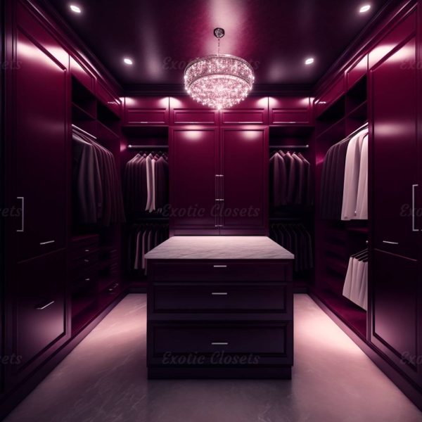 Dark Maroon Finish U-Shaped Luxury Walk-In Closet with Lights and Quartz Island | Exotic Closets