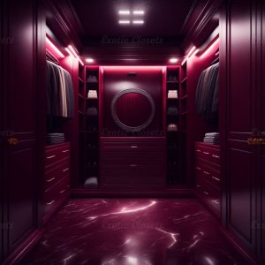 Dark Maroon Finish U-Shaped Luxury Walk-In Closet with Lights and Quartz Island 1 | Exotic Closets