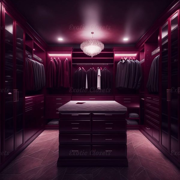 Dark Maroon Finish U-Shaped Luxury Walk-In Closet with Lights and Quartz Island 2 | Exotic Closets