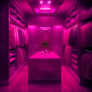 Dark Pink Finish U-Shaped Luxury Walk-In Closet with Lights and Quartz Island | Exotic Closets